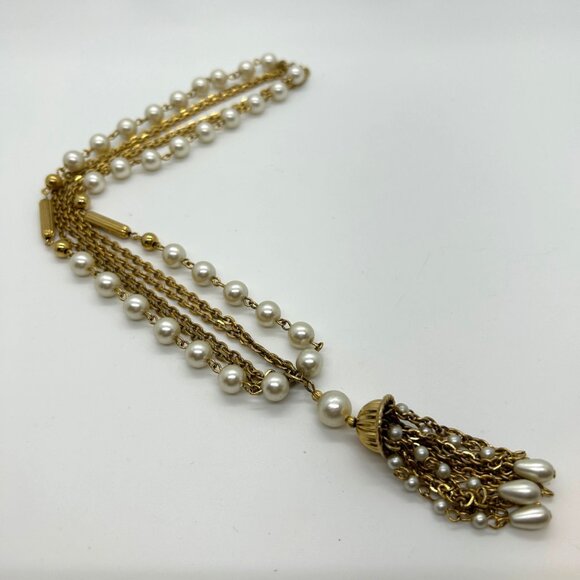 Vintage Faux Pearl Necklace Triple Strand Gold-Tone Chain Tassel Pendant 1970s - Picture 3 of 13